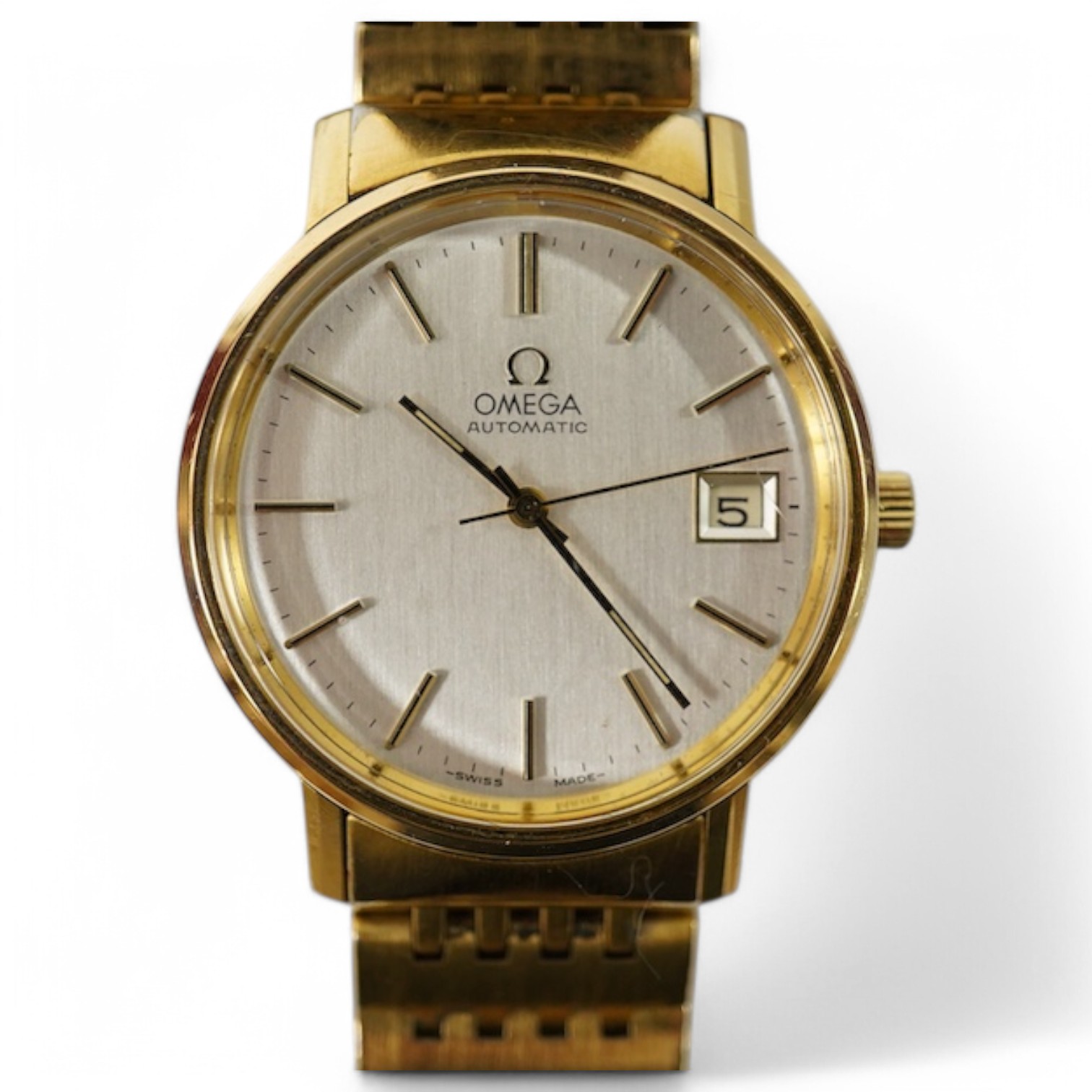 A gentleman's steel and gold plated Omega automatic wrist watch, with baton numerals and date aperture, on a steel and gold plated Omega bracelet, case diameter 35mm, box, no papers. Condition - fair